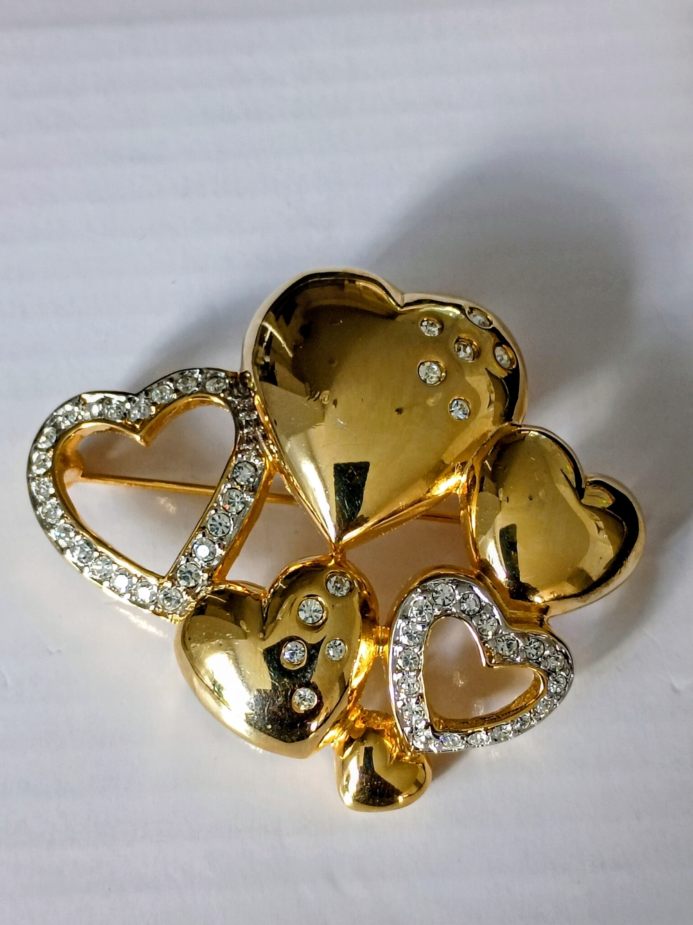 Vintage Goldtone Heart Cluster Brooch with Clear Crystals - Women Jewelry